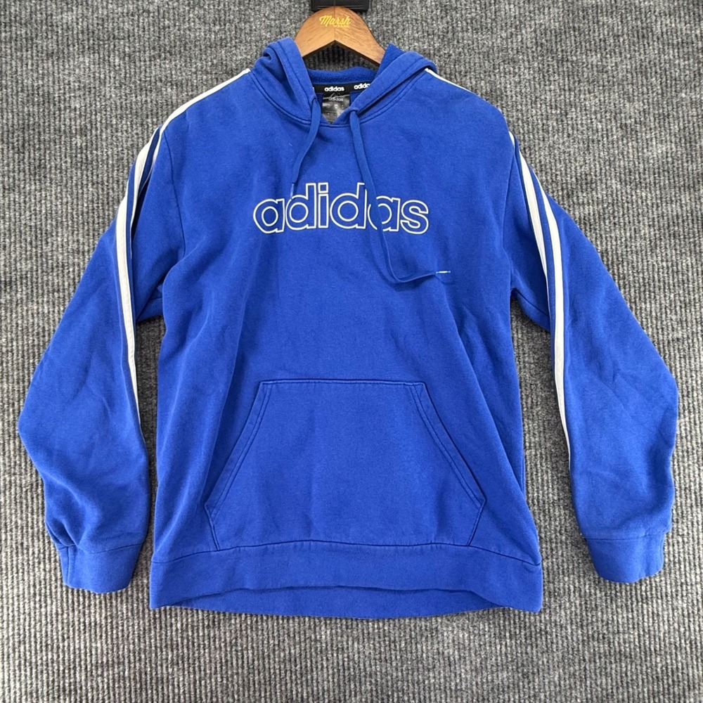 Adidas Hoodie Mens Medium Blue Good 3-Stripe Linear Logo Fleece Pullover